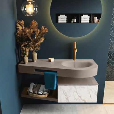 MONDIAZ RIVA 120cm badmeubel onderkast / planchet kleur carrara met 1 lade. Wastafel DULCET rechts 1 kraangat kleur Smoke. MONDIAZ RIVA 120cm badmeubel onderkast / planchet kleur carrara met 1 lade. Wastafel DULCET rechts 1 kraangat kleur Smoke.