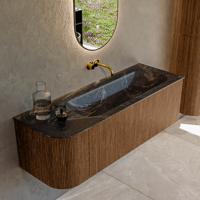 Mondiaz KURVE-DLUX 135 cm Onderkast Greeploos 1 Lade Met Deuren Walnut, Wastafel Solid Surface Rechts Lava 0 Kraangaten Zonder Spiegel (KRVBGM135L1L1D0KR-Wal/Lav)