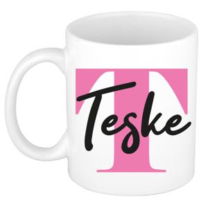 Naam mok Teske - roze - wit - keramiek - 300 ml - verjaardag/cadeau beker