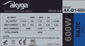 Akyga AK-B1-600 power supply unit 600 W 20+4 pin ATX ATX Grijs