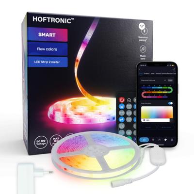 Smart LED Strip 2m - IP65 waterdicht - RGB Flow Color - WiFi + Bluetooth - 12V - 16,5 miljoen kleuren met 48 LEDs - Music Sync - Met afstandsbediening - Zelfklevend - Voor Google Home, Amazon Alexa en Siri