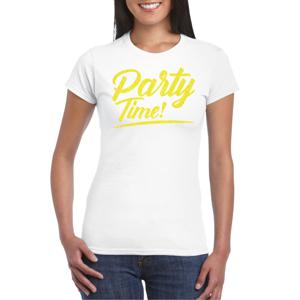 Verkleed T-shirt voor dames - party time - wit - geel glitter - carnaval/themafeest
