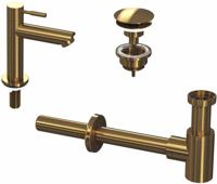 Huismerk Combi Set 1A - Fonteinkraan laag, Plug, Sifon Brushed Mat Goud Huismerk Combi Set 1A - Fonteinkraan laag, Plug, Sifon Brushed Mat Goud