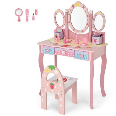 Kaptafel met Drievoudige Spiegel Kinder Kaptafel en Stoel met 3 Lades 2 Opbergdozen Make-Up Kaptafel voor Kinderen Roze