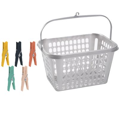 Wasknijper mandje/bakje - zilver - inclusief 52x wasknijpers - kunststof