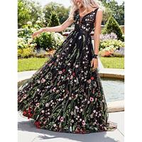 Dames Chiffon jurk Maxi-jurk Blote rug Geborduurd Feest Bruiloft gast Cocktailparty Elegant Streetwear V-hals Mouwloos Zwart Kleur Lightinthebox - thumbnail