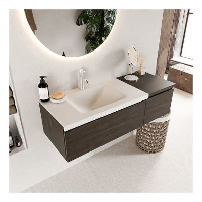 Mondiaz Bukla 120cm badmeubel met module 40 dark brown 2 lades met wastafel links 1 kraangat kleur talc