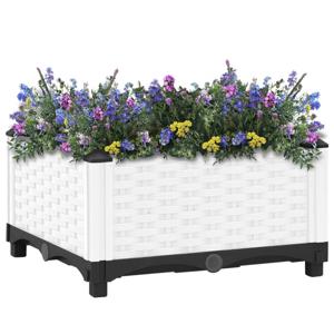 The Living Store Bloempot - Verhoogde Tuinbak - Polypropeen - 40 x 40 x 23 cm - Trendy Rattan-Look - Wit