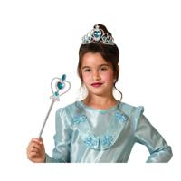 Carnaval verkleed Tiara/diadeem - Prinsessen kroontje met toverstokje - zilver/blauw - meisjes