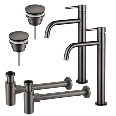 Fortifura Calvi Slim Wastafelkraanset - voor dubbele wastafel - verhoogde wastafelkraan - klikwaste plug - design sifon - Geborsteld Gunmetal PVD 2x SW766539/2x SW767288/2x SW767297