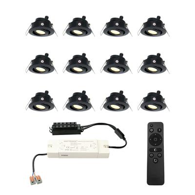 Set met 12 Sienna 12V inbouwspots - 3 Watt 200 lumen - 2700K warm wit - Zwart - IP44 waterdicht - kantelbaar - verandaspots - met afstandsbediening