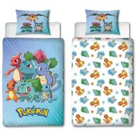 Omkeerbaar beddengoedset - POKEMON - Pikachu en Starter - Blauw - Microvezel - 1 dekbedovertrek 140 x 200 cm + 1 kussensloop 63 x 63 cm