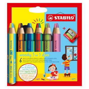 STABILO woody 3 in 1 duo, multifunctioneel kleurpotlood met tweekleurige punt, 6 stuks in kartonnen etui + puntenslijper