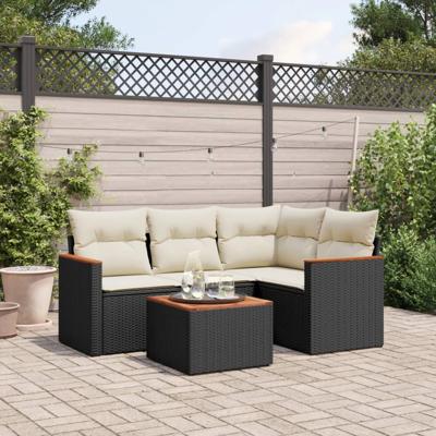 5-delige Loungeset met kussens poly rattan zwart