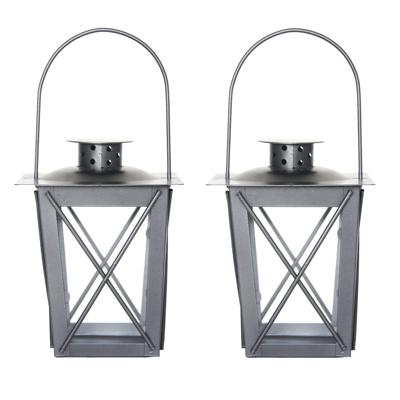 Flancy Flames Windlicht - Set van 2x stuks - ijzer - zilverkleurig - 16 cm - lantaarn