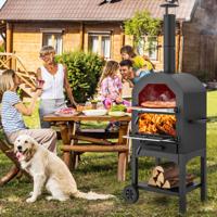 Mobiele Pizzaoven Buitenpizzagrill met Geïntegreerde Thermometer Praktische Handgreep en Wielen Asopvanglade Zwart