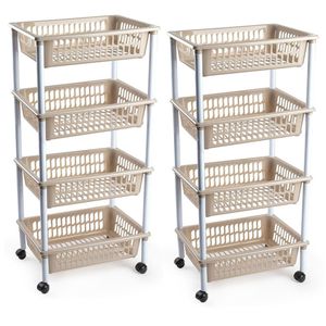 2x stuks opberger/organiser trolley/roltafel met 4 manden 85 cm taupe