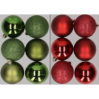 12x stuks kunststof kerstballen mix van appelgroen en donkerrood 8 cm   -