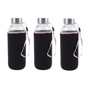 Drinkfles/waterfles - 3x - 420 ml - zwart - glas - met hoes - 6 x 19 cm
