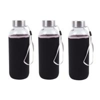Drinkfles/waterfles - 3x - 420 ml - zwart - glas - met hoes - 6 x 19 cm Drinkfles/waterfles - 3x - 420 ml - zwart - glas - met hoes - 6 x 19 cm