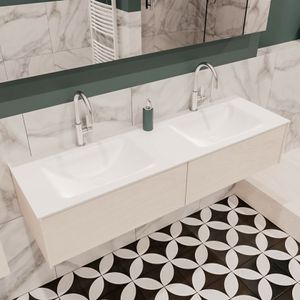 Mondiaz Lush Cloud badmeubel underlayment 150 cm 2 lades solid surface dubbele spoelbak 2 kraangaten