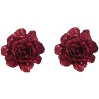 1x Rode roos met glitters op clip 10 cm - kerstversiering - thumbnail