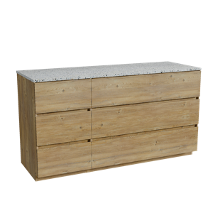 Storke Edge staand badmeubel 150 x 52 cm ruw eiken met Tavola enkel of dubbel wastafelblad in mat wit/zwart terrazzo