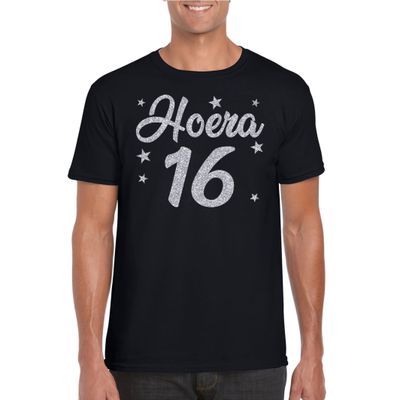 Hoera 16 jaar verjaardag cadeau t-shirt zilver glitter op zwart heren Hoera 16 jaar verjaardag cadeau t-shirt zilver glitter op zwart heren