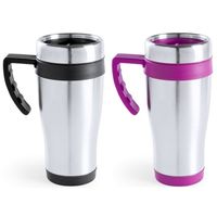 Set van 2x stuks zilverkleur warmhoudbekers/isoleer bekers met rand roze en zwart 500 ml