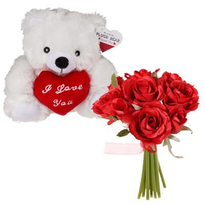 Valentijnscadeau - Beertje en rozenboeket - kunstbloem - rood - cadeau - romantisch
