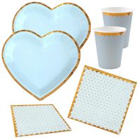 Feest wegwerp servies set - hartje - 20x bordjes / 20x bekers / 20x servetten - blauw/goud - thumbnail