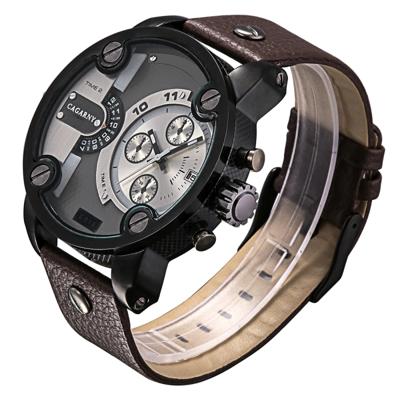 CAGARNY 6818 modieuze DZ stijl grote Dial dubbele klok Quartz beweging Sport polshorloge met lederen Band & kalender functie voor mannen (bruine Band