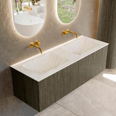 Badmeubel Mondiaz Kurve-Dlux | 130 cm cm | Meubelkleur Shadow | Wastafelkleur Opalo | Solid surface | Wasbak beiden zijden spoelbak | Zonder kraangat(en)