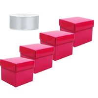 Set 4 cadeaudoosjes roze 10 x 10 cm / zilver sierlint 25 meter