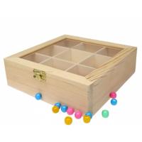 Hobby/kralen opbergdoos - 9-vaks - naturel - hout - 18 x 18 x 5 cm - knutselspullen opbergen