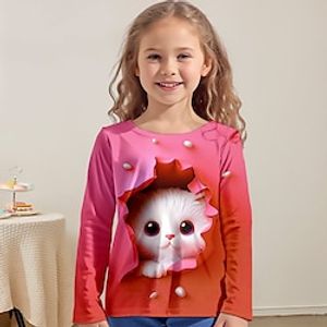 Voor meisjes 3D Kat T-shirt Overhemd Roze Lange mouw 3D-afdrukken Lente Herfst Actief Modieus leuke Style Polyester Kinderen 3-12 jaar Strakke ronde hals Buiten Casual Dagelijks Normale pasvorm Lightinthebox