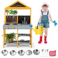 Buitenkeuken voor Kinderen met Plantenbak Draaibare Kraan en Afneembare Gootsteen 2 Krijtborden Kookgerei