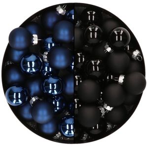 Mini kerstballen - 48x st - donkerblauw en zwart - 2,5 cm - glas