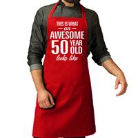 Cadeau schort voor heren - awesome 50 year - rood - keukenschort - verjaardag - 50 jaar