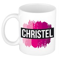 Naam cadeau mok / beker Christel met roze verfstrepen 300 ml - thumbnail