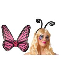 Vlinder verkleed set - vleugels en diadeem - roze - volwassenen - carnaval verkleed accessoires - thumbnail