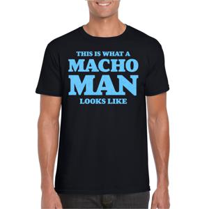 Foute party t-shirt voor heren - macho man - zwart - glitter blauw - carnaval/themafeest