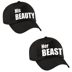 Zwarte kadopetten / cadeau caps Her Beast en His beauty met witte tekst koppels / bruidspaar / echtpaar voor volwassenen   -