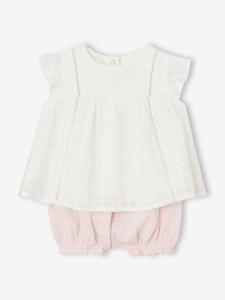 Set geborduurde jurk en bloomer van katoengaas newborn rozen