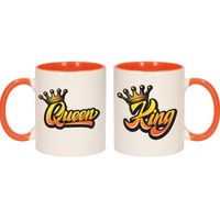 King and queen met kroon mok / beker wit en oranje - cadeau set - huwelijk / jubileum / Koningsdag - feest mokken