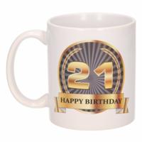 Leeftijd 21 jaar Koffiebeker - Mok - Luxe print in zwart/goud - Wit - verjaardag cadeau - 300 ml