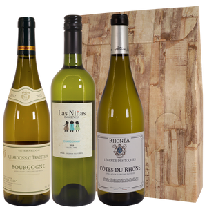 Trio witte wijnen: Bourgogne wijn chardonnay + Cotes Du Rhone + Organic Chardonnay Las ninas