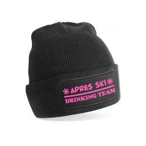 Wintersport muts voor volwassenen - Drinking Team - zwart - roze glitter - one size - Apres ski