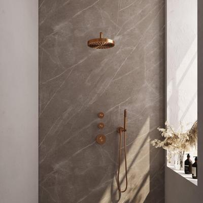 BRAUER Stripe Thermostatische Inbouw Regendouche - SET 02 - 25cm douchekop - gebogen muurarm - staaf handdouche - doucheslang - wandaansluitbocht - koper geborsteld PVD 5-GK-367