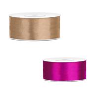 Bellatio decorations 2x rollen satijn cadeaulint/sierlint - 2.5 cm x 25 meter - fuchsia roze en goud